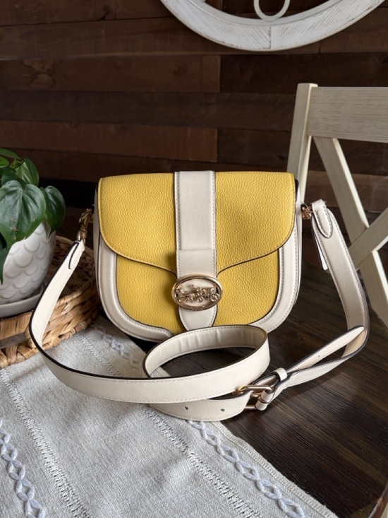 Coach Handbags - Coach Georgie Yellow and Chalk Pebble Leather Crossbody Saddle Bag